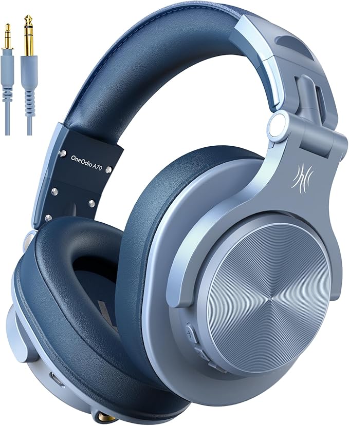 OneOdio Fusion A70 Sky Blue wireless DJ headphones featuring plush over-ear cushions, swiveling earcups, USB charging cable, 3.5mm audio lead, and 6.35mm jack connector.