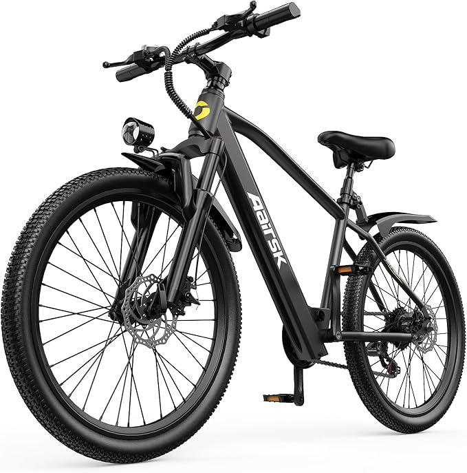 Aairsk GT300 road legal electric bike in black featuring 26 inch Kenda tyres, dual full suspension, mechanical disc brakes, integrated front LED headlight, and commuter mudguards