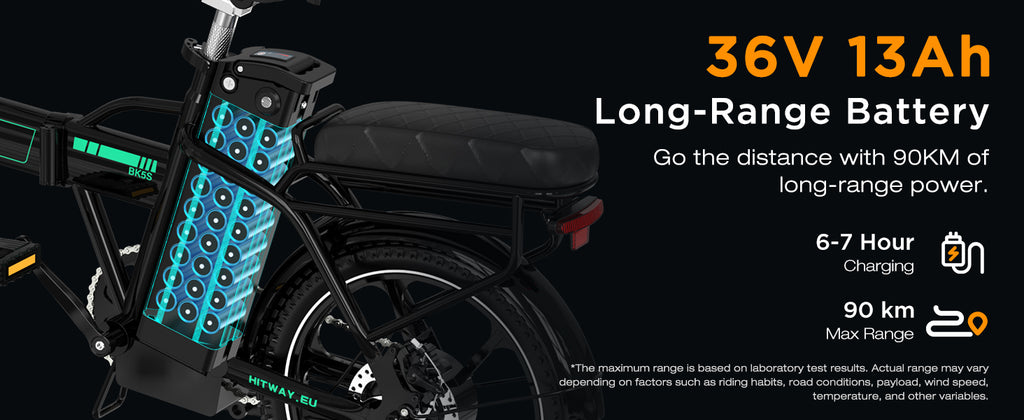HITWAY BK5SL Electric bike with a long-range battery pack on a black background