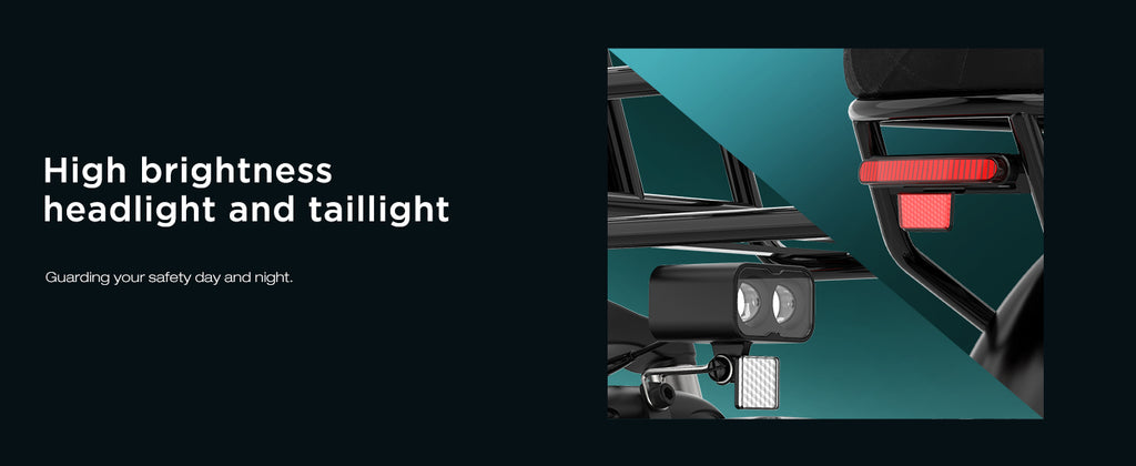 High brightness headlights and taillights on an electric vehicle with a black background