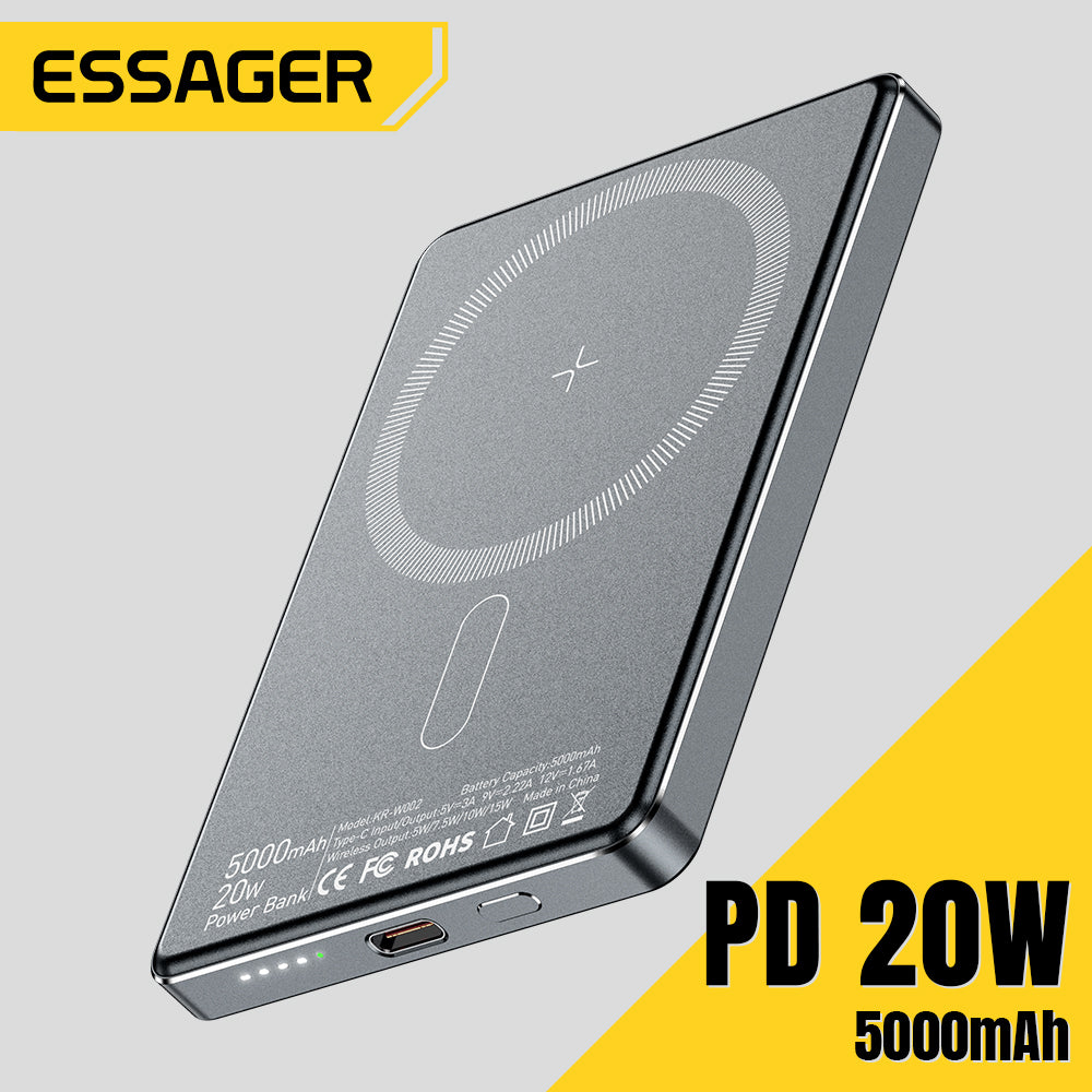 Essager Thin Magnetic Wireless Power Bank 5000mAh showing PD 20W fast charging USB-C port, power button, and LED battery status lights