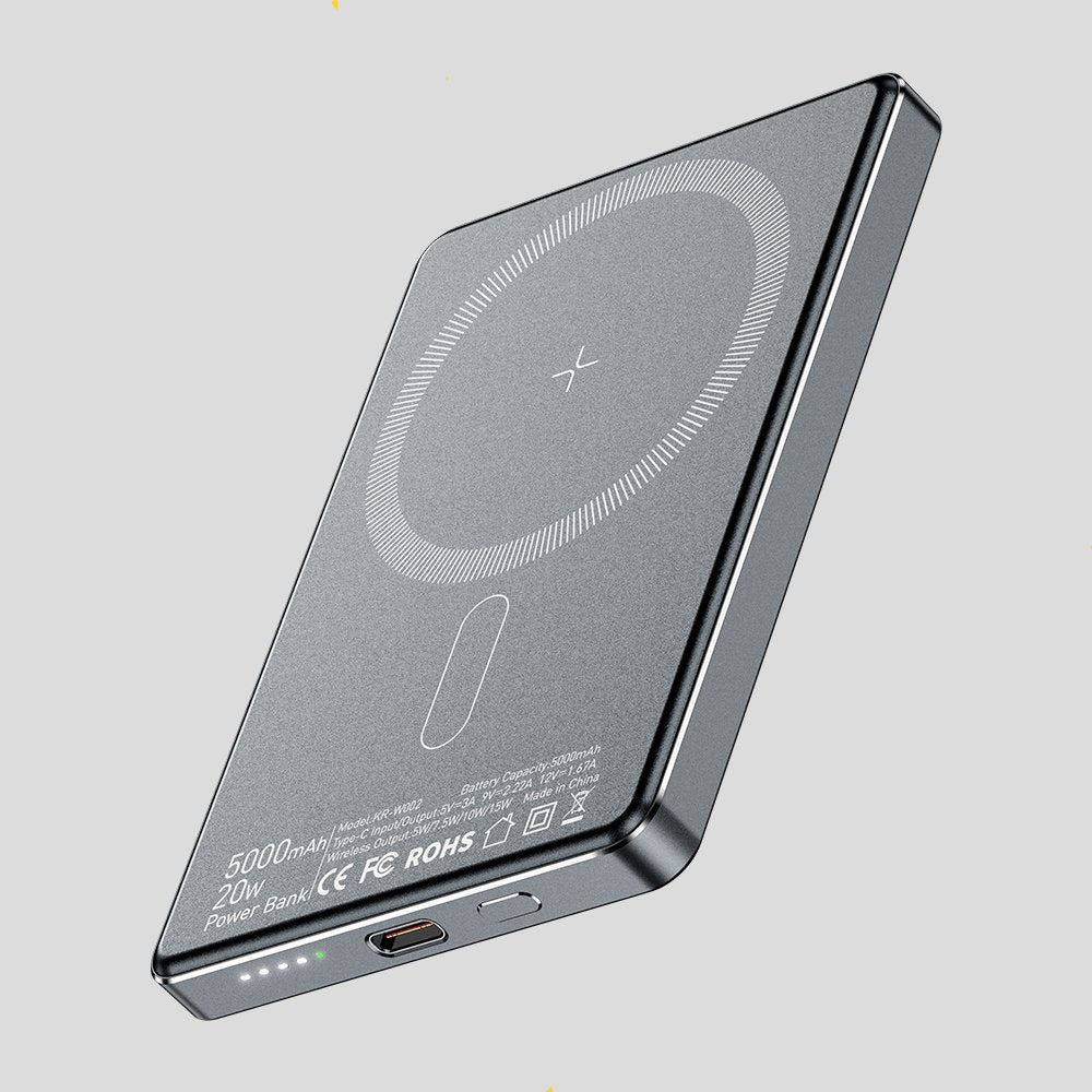 Essager Thin Magnetic Wireless Power Bank 5000mAh angled view showing MagSafe charging pad, USB-C port, and LED battery indicators