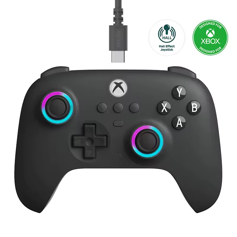 Dark Grey Xbox‑compatible gaming controller featuring dual Hall Effect joysticks with RGB rings in blue, purple, and pink gradients, USB‑C cable connection, and official “Designed for Xbox” certification badge.