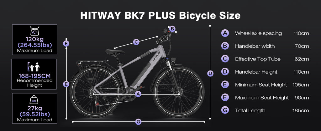 Hitway BK7 Plus bicycle size chart with bike illustration and specifications on a black background