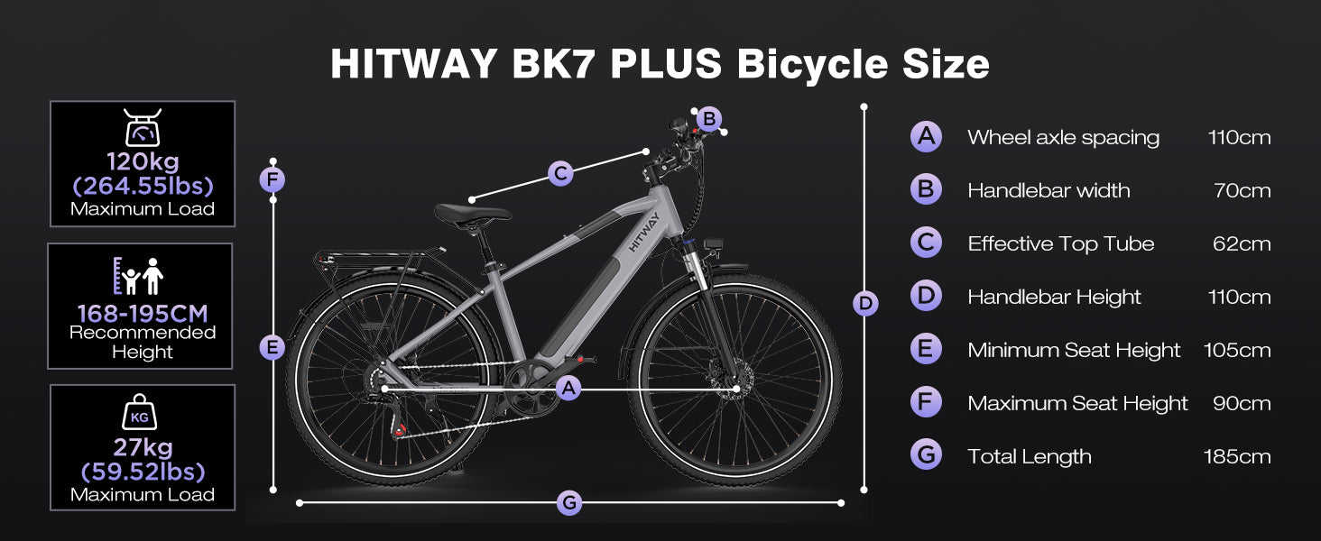 Hitway BK7 Plus bicycle size chart with bike illustration and specifications on a black background