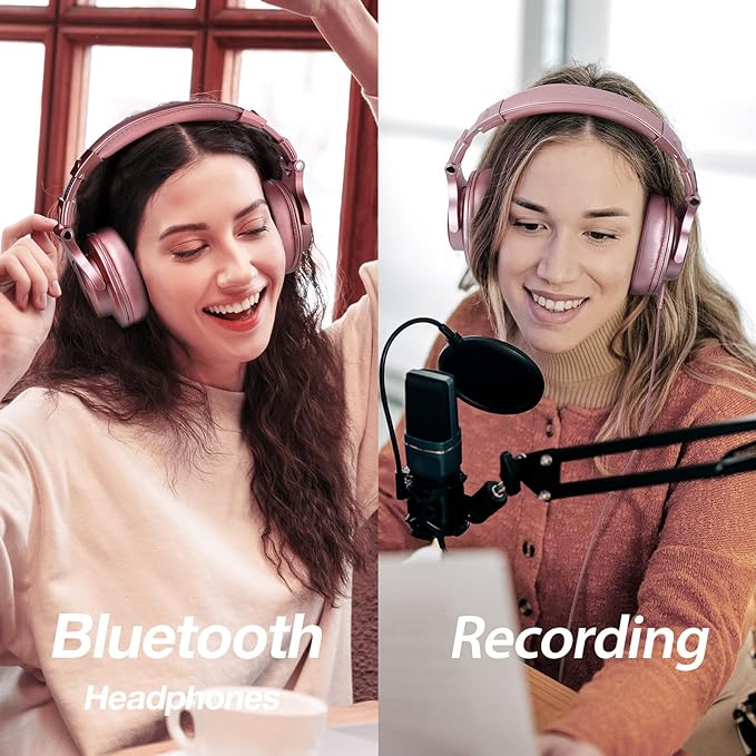 Two women wearing rose gold Bluetooth headphones, one using a laptop with 'Bluetooth Headphones' text, the other in front of a microphone with 'Recording' text.
