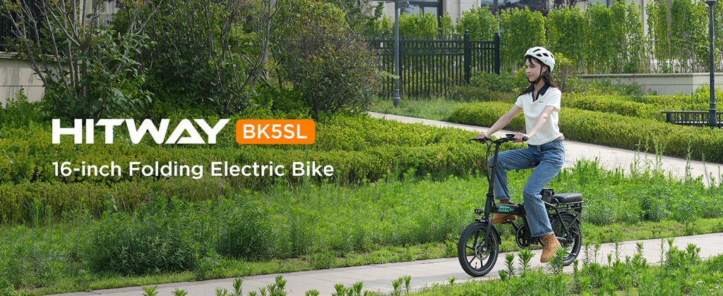 HITWAY BK5SL Electric Bike image showing a person riding the bike in a housing estate with lots of greenery