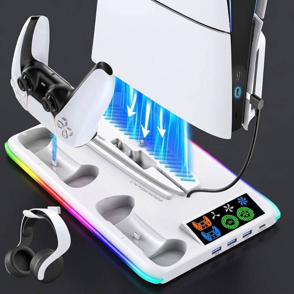 PS5 active cooling stand with RGB edge lighting, dual controller charging bays, and a integrated headset hook.