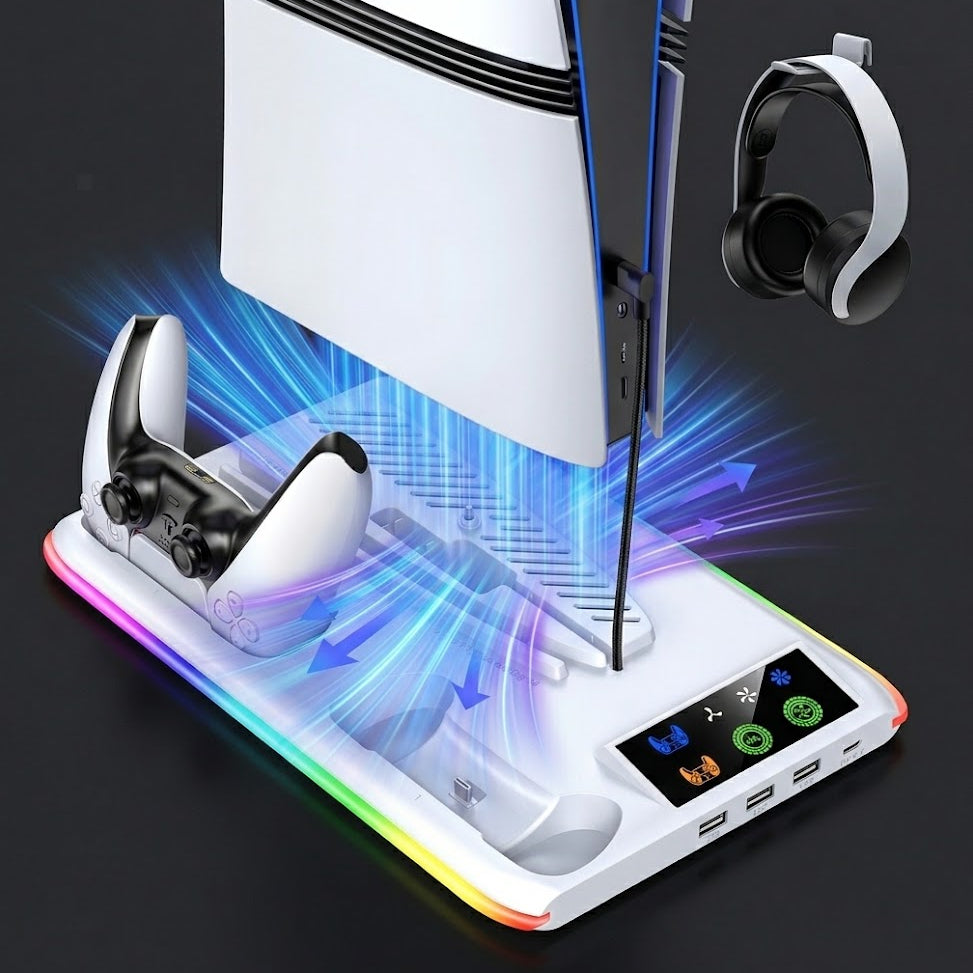 PS5 active thermal dock showcasing dual-fan airflow ventilation, game storage rack, and dual controller charging bays
