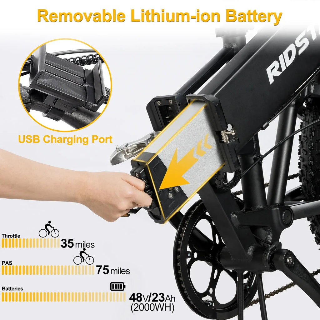 Electric bike with removable lithium-ion battery and USB charging port.