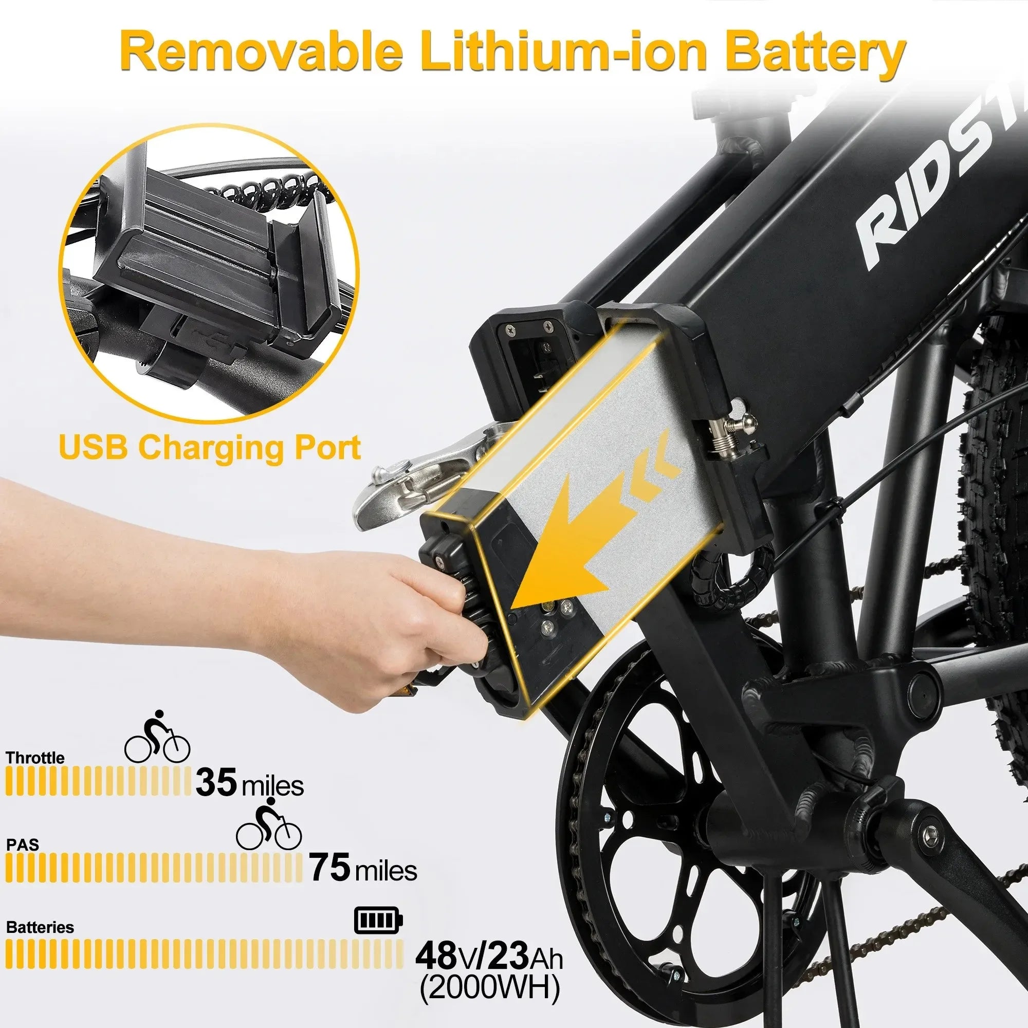 Electric bike with removable lithium-ion battery and USB charging port.