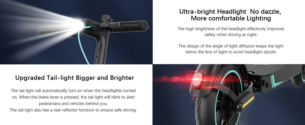 E-scooter features including ultra-bright headlights and upgraded tail-light on a dark background.