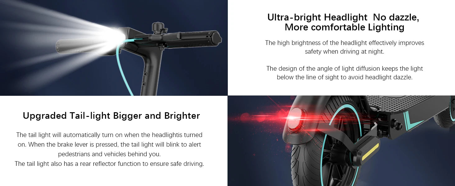 E-scooter features including ultra-bright headlights and upgraded tail-light on a dark background.