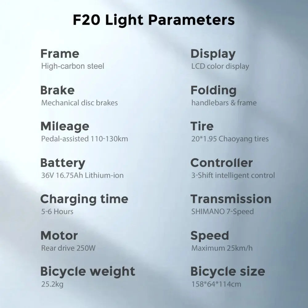 Technical specifications of an F20 light E-bike parameter on a gray background