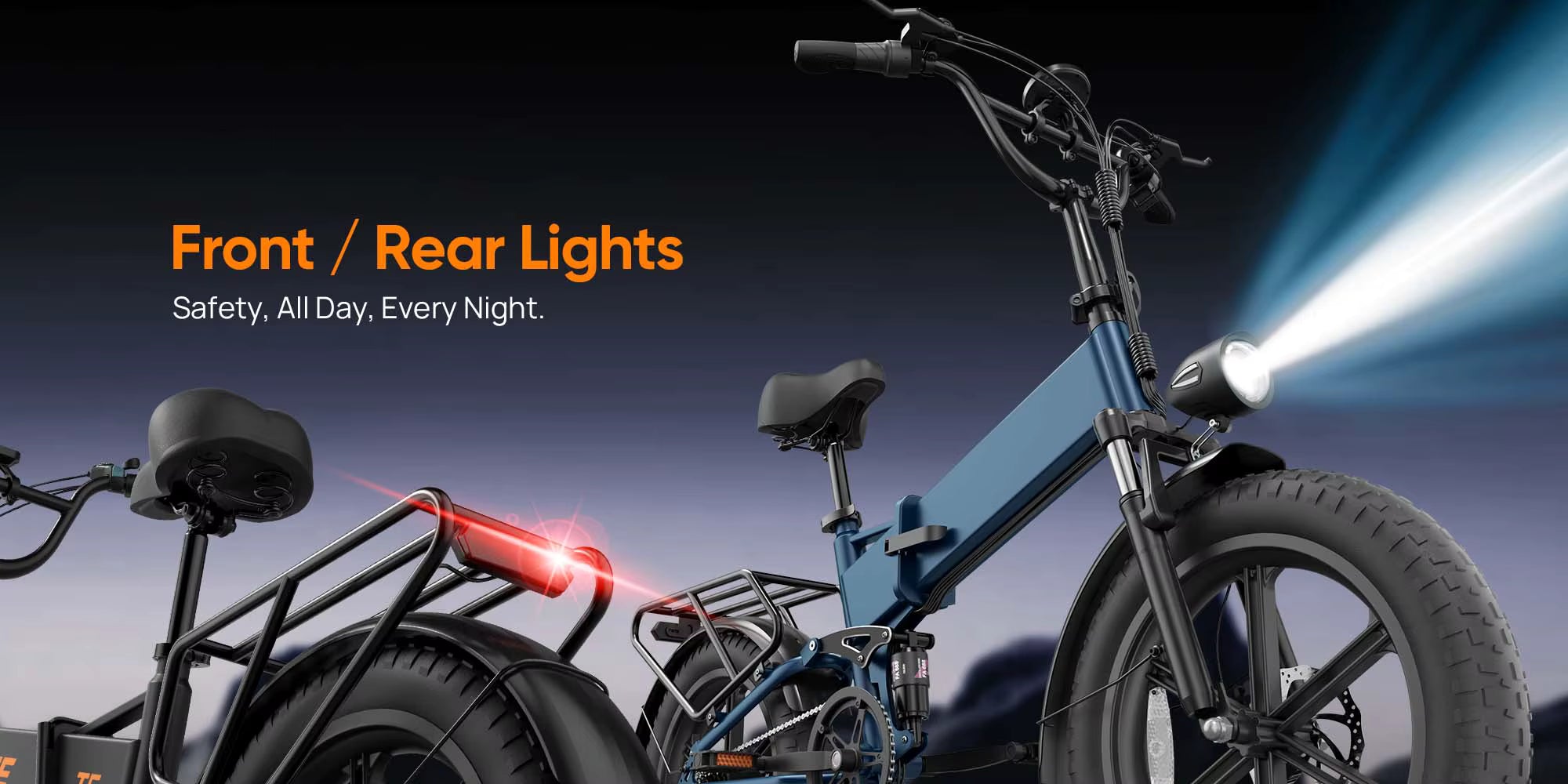 Electric bike with front and rear lights on a dark background
