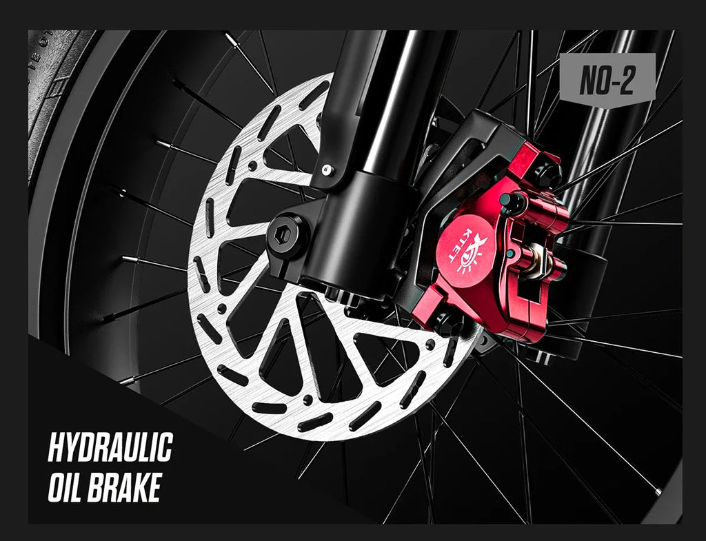 Close-up of an electric mountain bike wheel with hydraulic oil brake system on a black background
