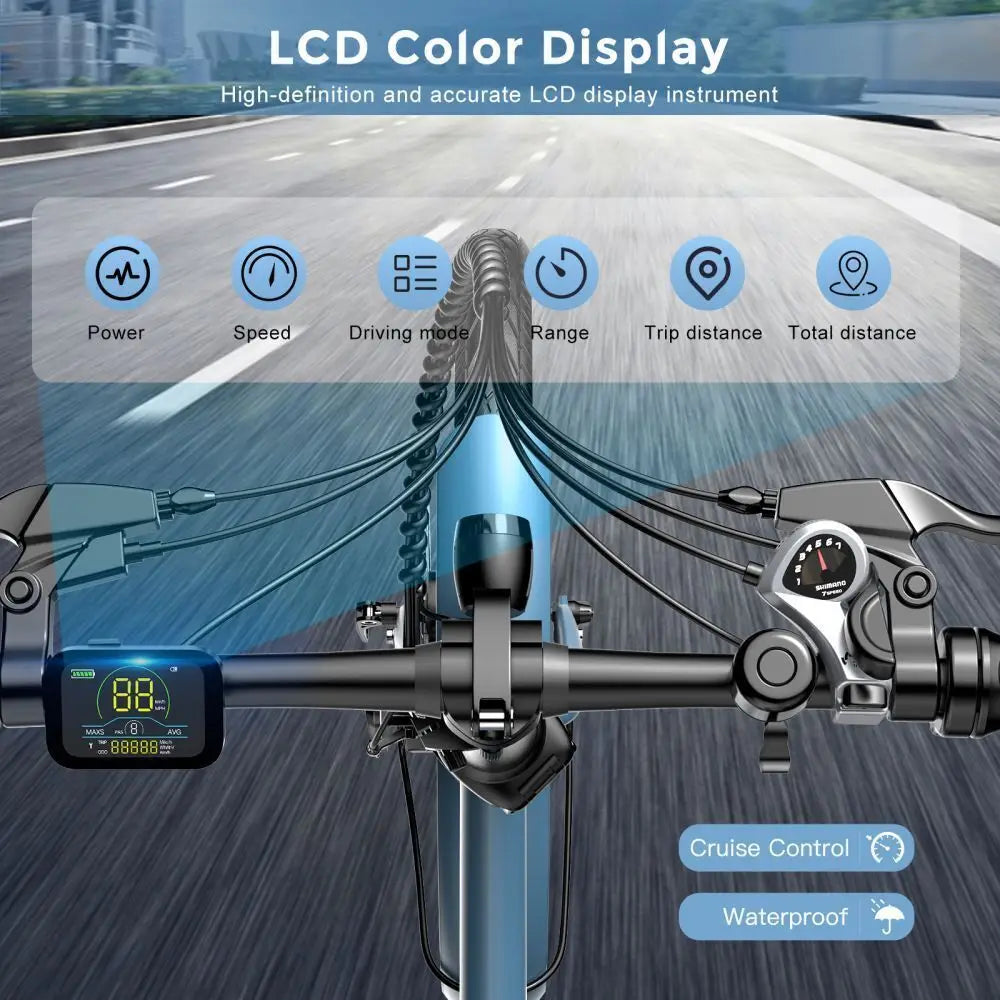 Electric bicycle handlebar with LCD color display showing various functions on a road background.