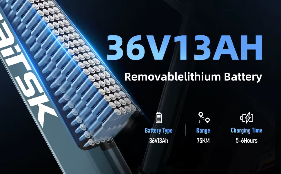 Close-up graphic of the removable 36V 13Ah lithium battery pack and charging specifications