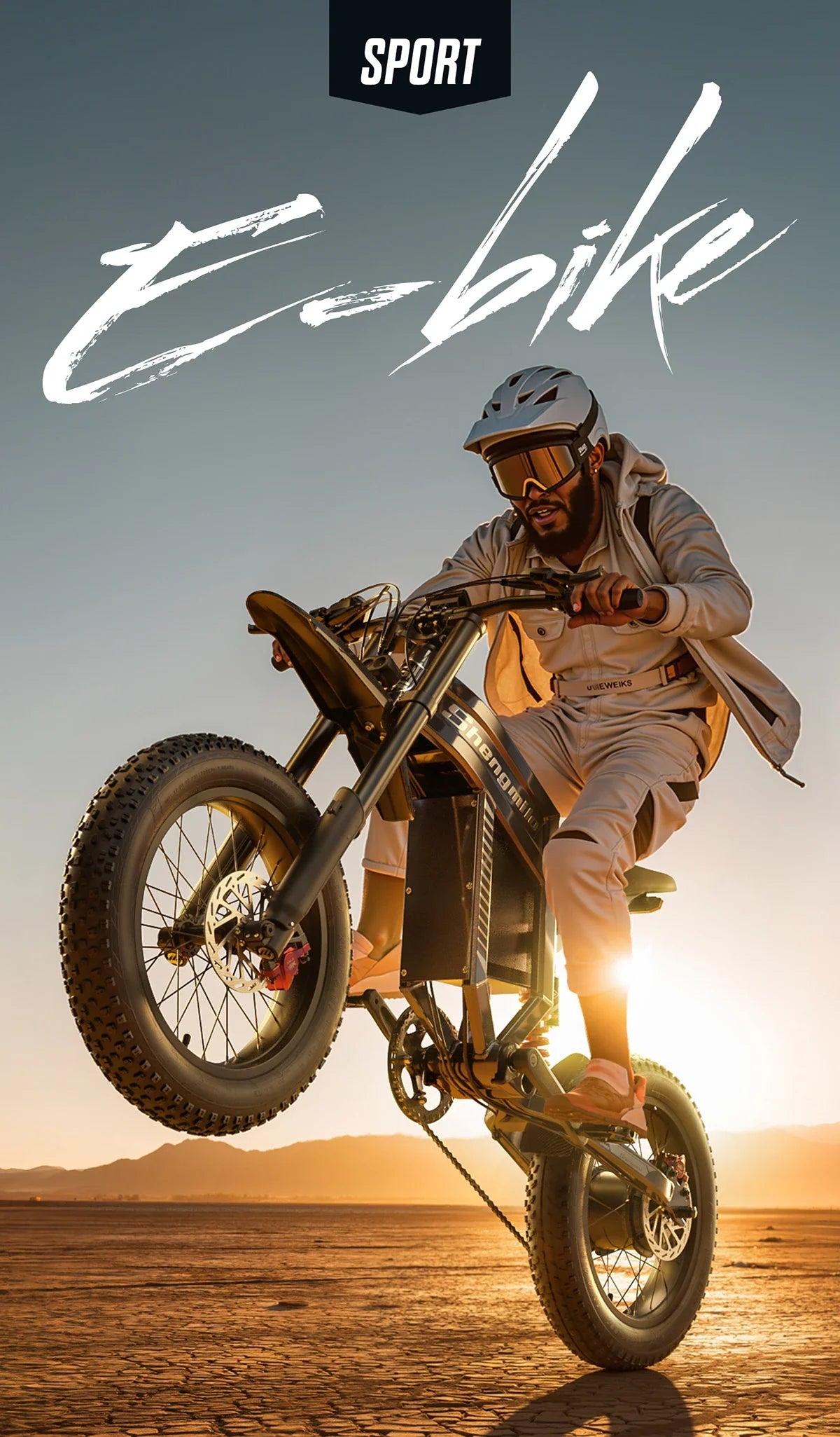 Person riding an electric mountain bike in a desert landscape with 'Sport' and 'E-bike' text.