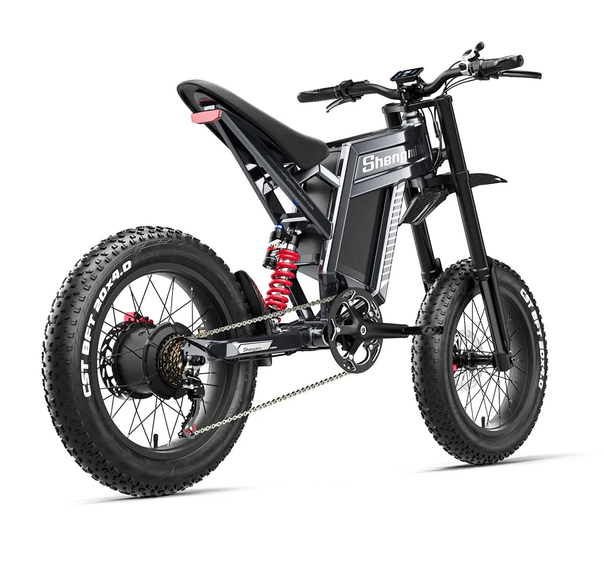 Black electric mountain bike with red suspension on a white background