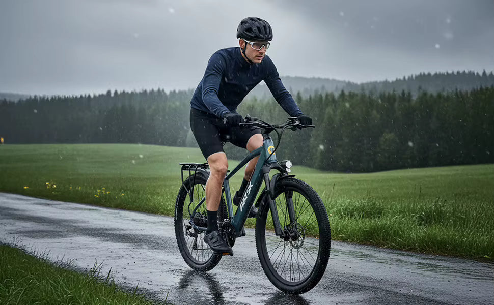 Action shot of a cyclist riding the Aairsk S800 e-bike on a paved road during an overcast day