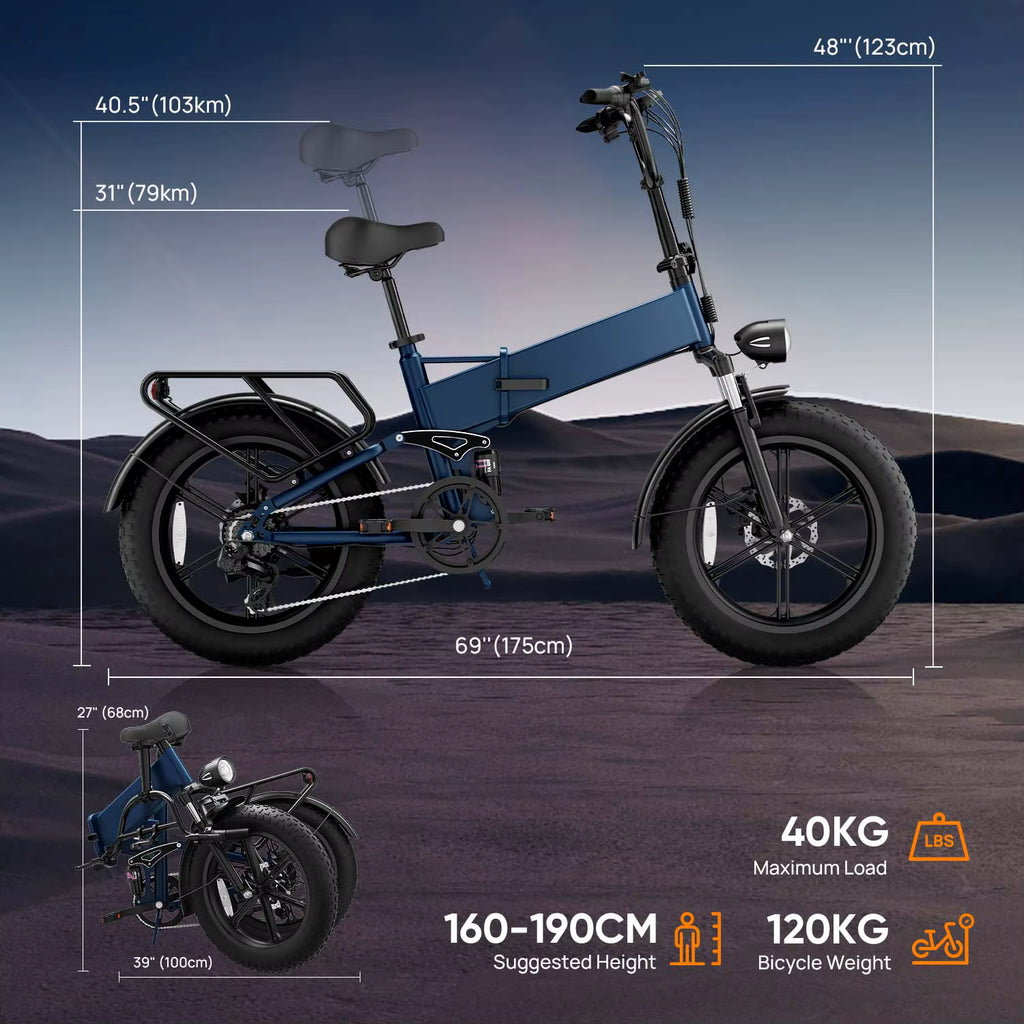 Urlife T5 electric bike dimensions and folded size diagram showing height and length specs 