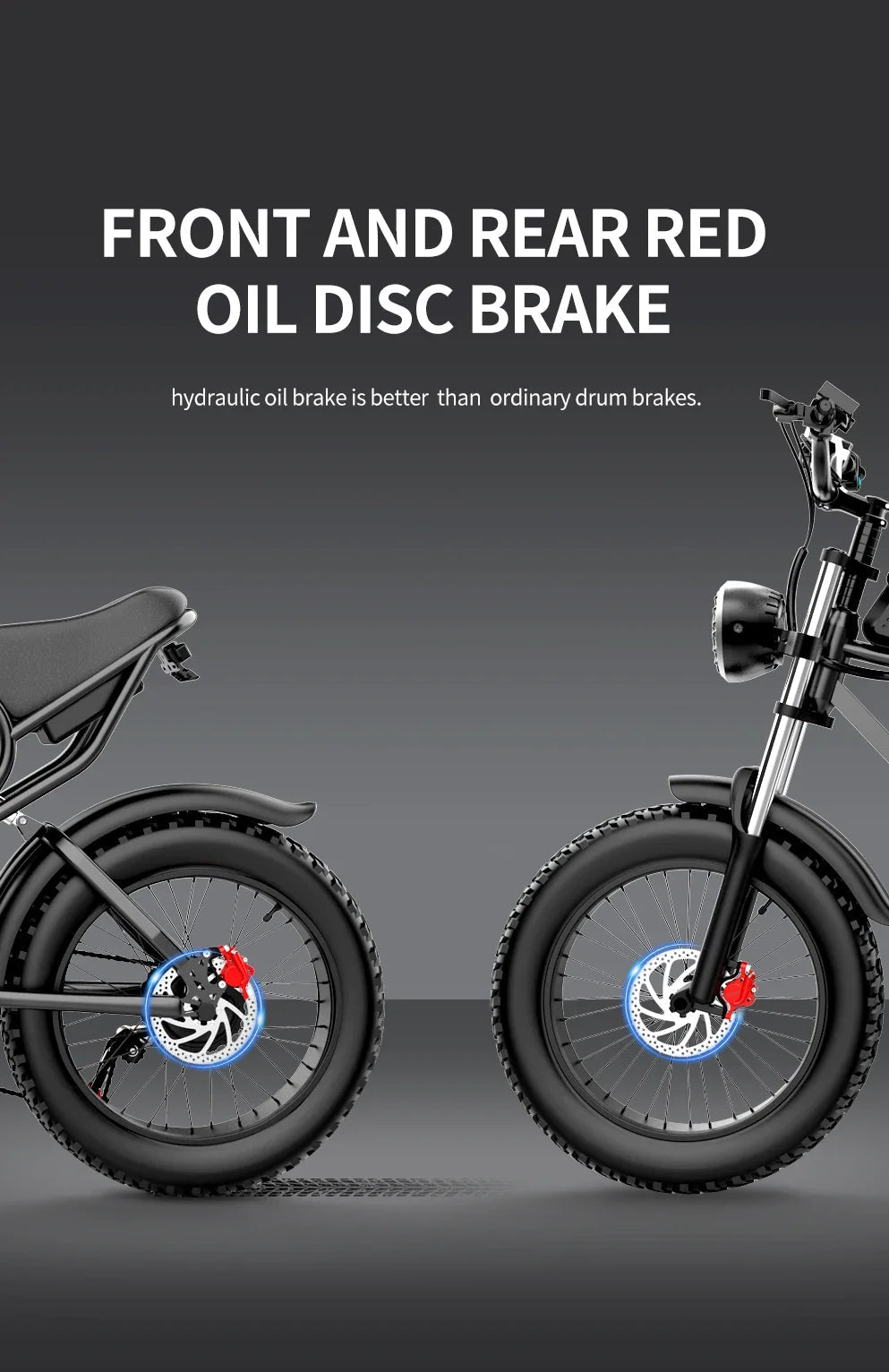 Two electric bicycles with red oil disc brakes on a dark background