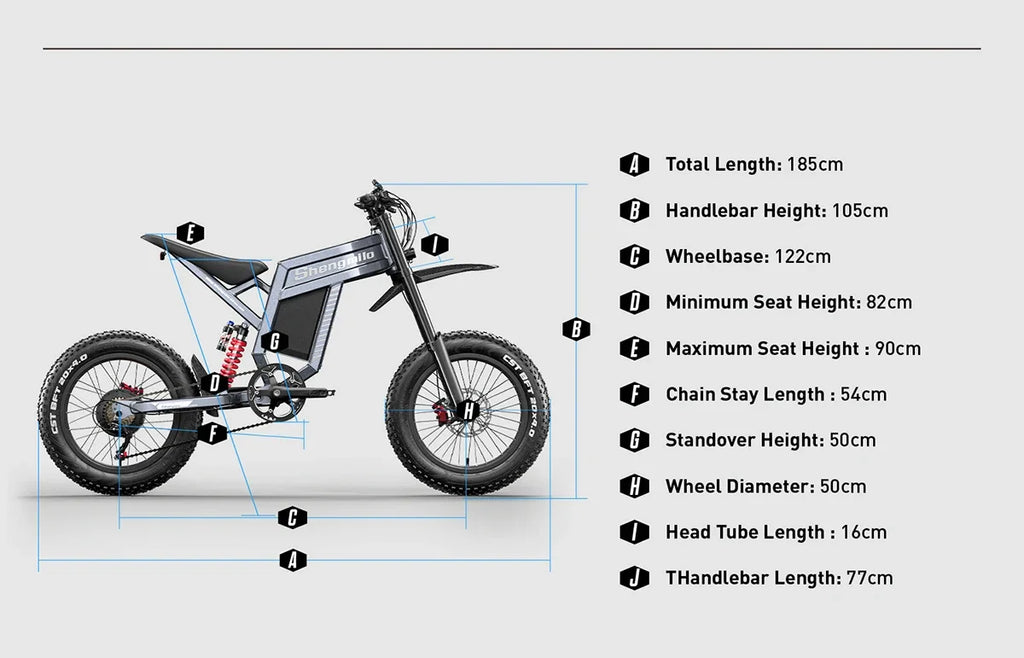  electric mountain bike with detailed dimensions on a white background
