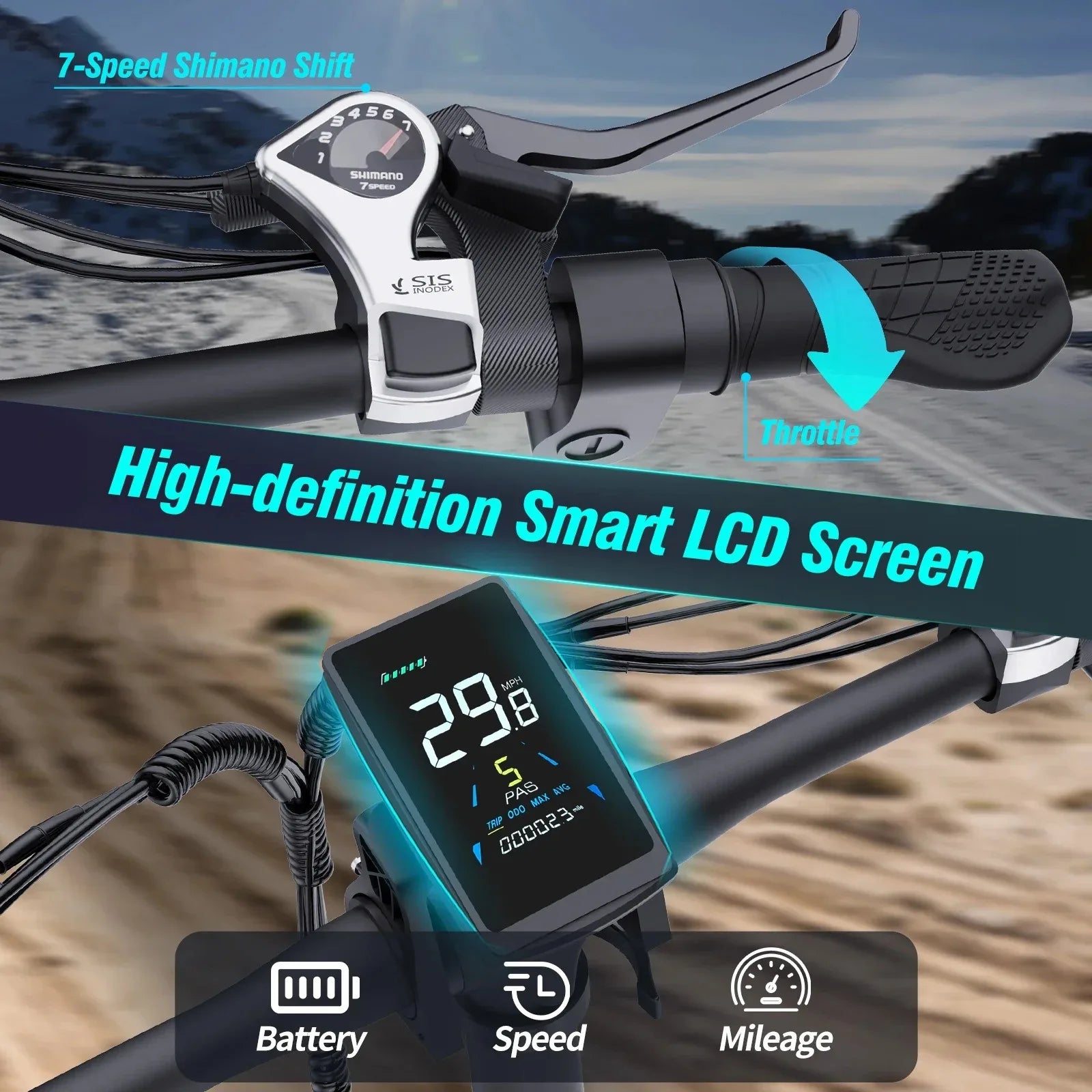 Electric Bicycle handlebar with Shimano shifters and a LCD digital display showing battery, speed, and mileage information.