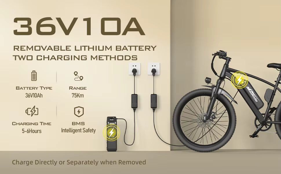 Promotional graphic highlighting the removable 36V 10Ah lithium battery specifications and charging features   