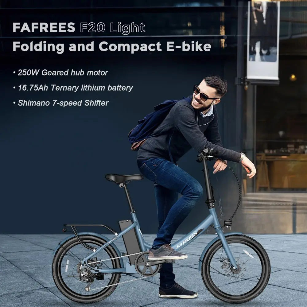 Man riding a FAFrees F20 Light folding and compact e-bike with product details on a dark background
