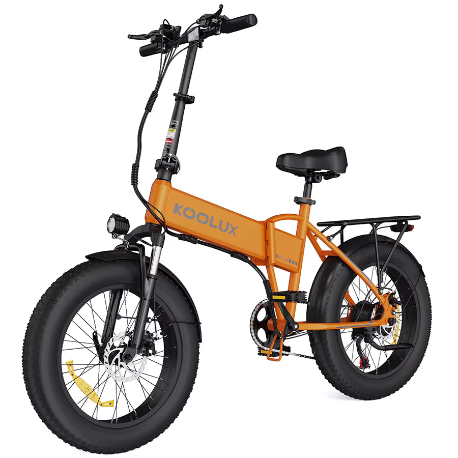 Orange electric bike with 'Koolux' branding on a white background