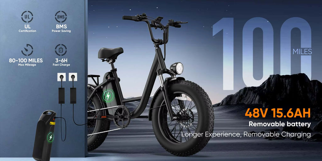 Electric bike with charging station and battery details on a dark background