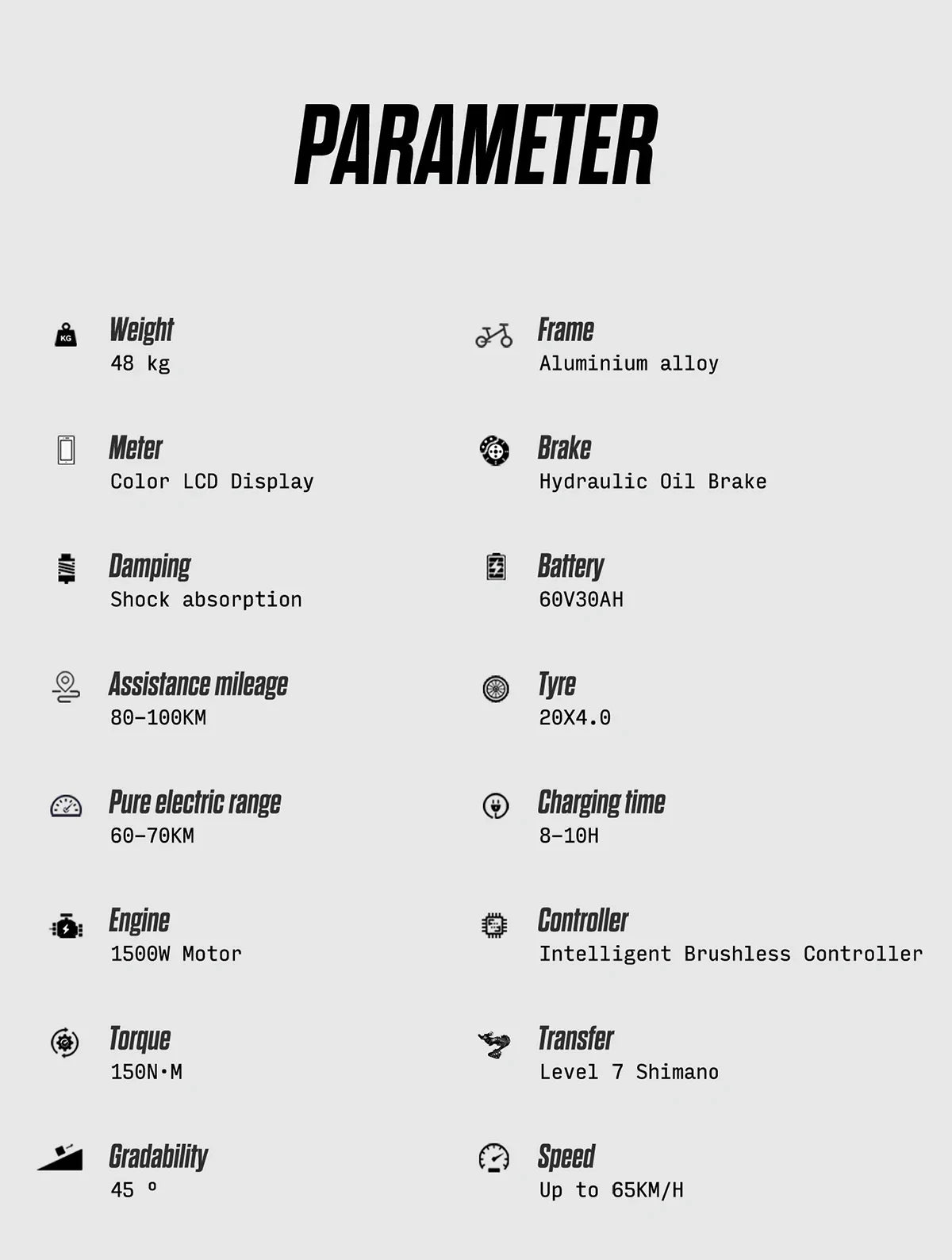 Technical specifications of a product on a white background