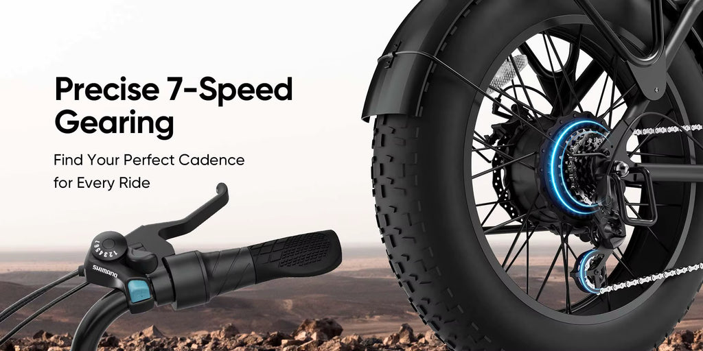 Electric Bicycle wheel and handlebar with 'Precise 7-Speed Gearing' text on a scenic background