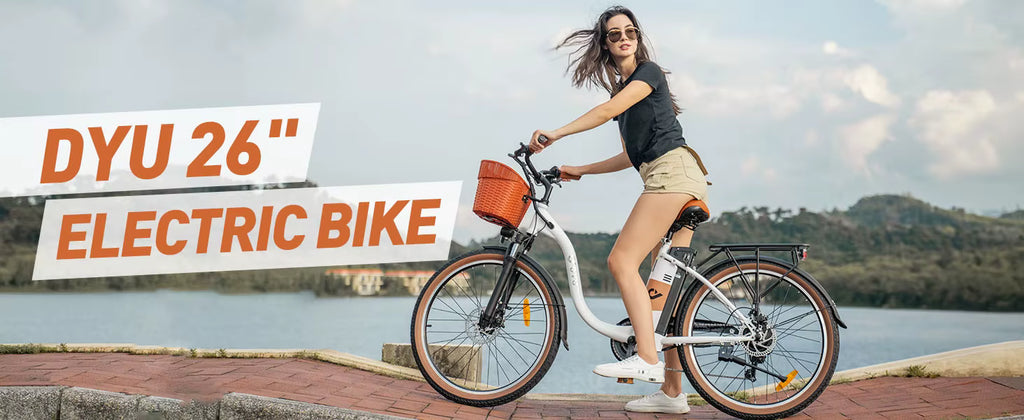Woman riding a DYU 26-inch electric bike by a lake with text overlay.