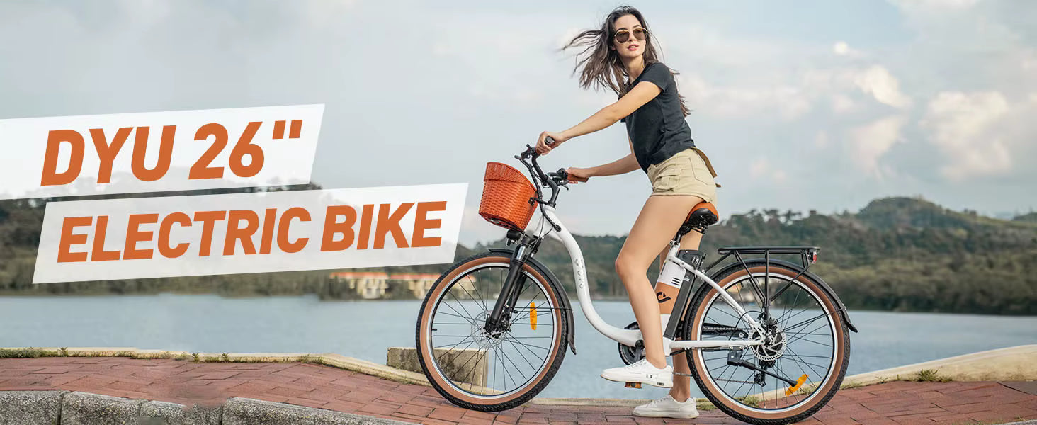Woman riding a DYU 26-inch electric bike by a lake with text overlay.