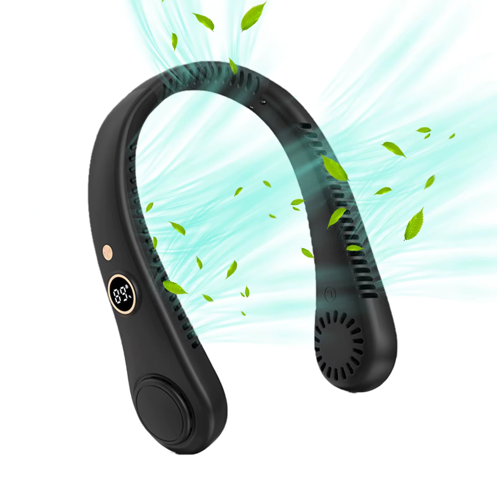 A black neck fan cooling band shown on a white background with light blue airflow graphics and green leaves floating around it. The band has a circular control button with a digital temperature display on one side.