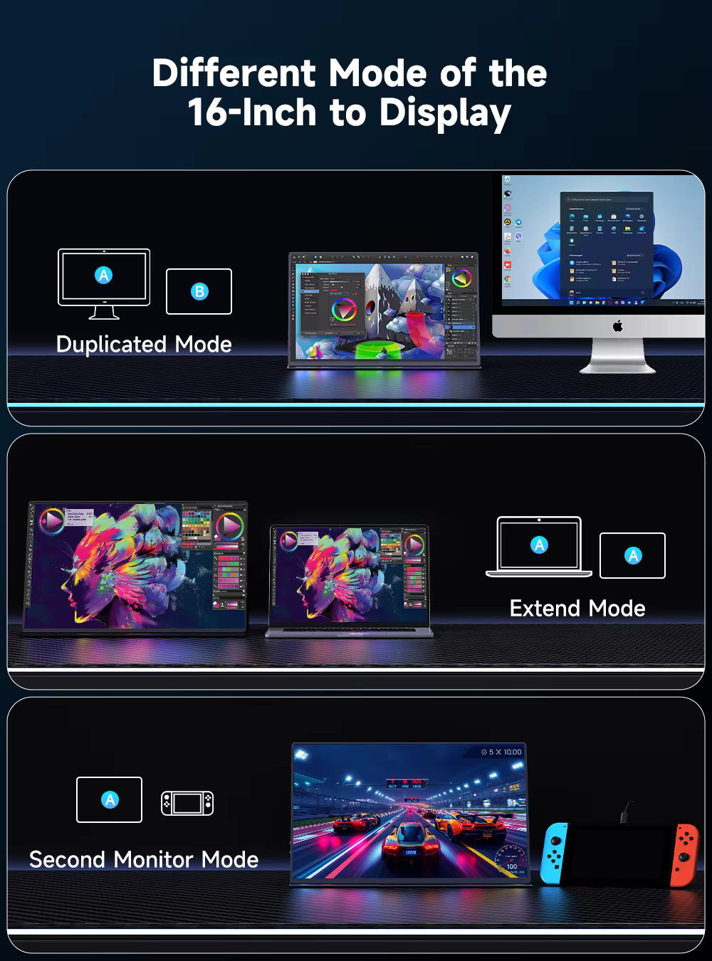 UPERFECT portable monitor showing multiple display modes including duplicate and extended setups