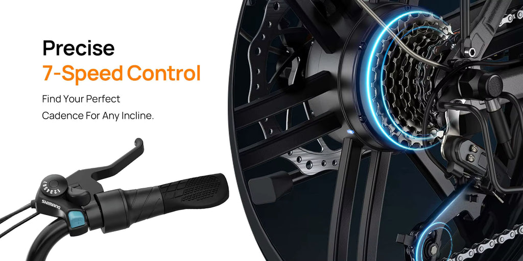 Close-up of an e-bike gear system with text about precise 7-speed control.
