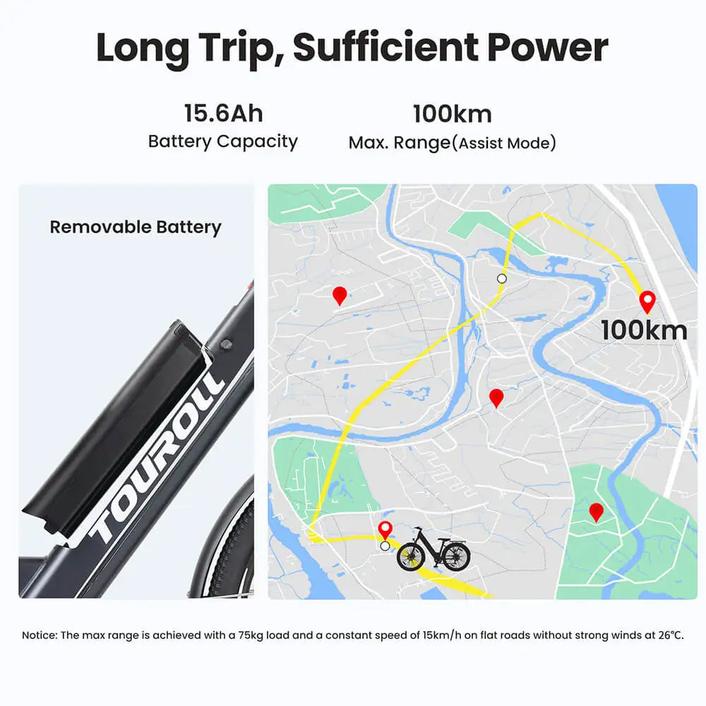 Electric Bicycle with Touroll branding and battery capacity and range information on a map background.