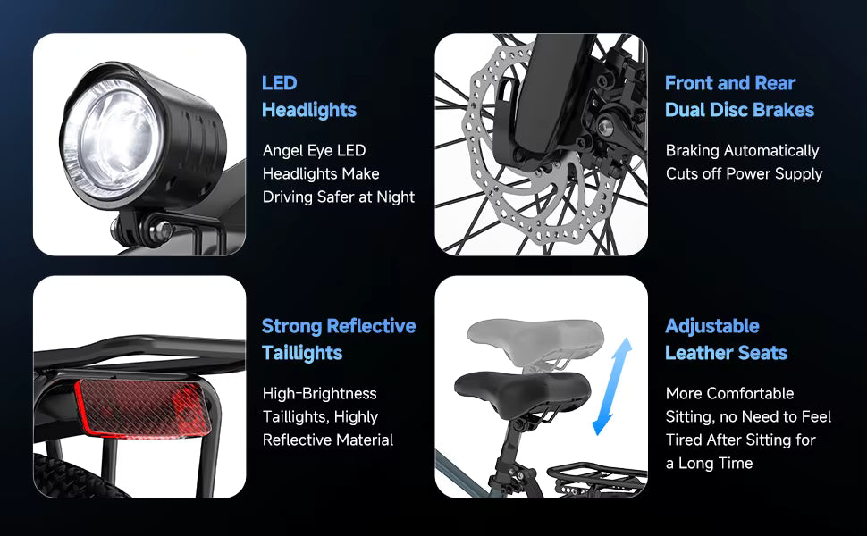 Feature breakdown graphic highlighting the angel-eye LED headlight, dual disc brakes, reflective taillight, and adjustable leather seat