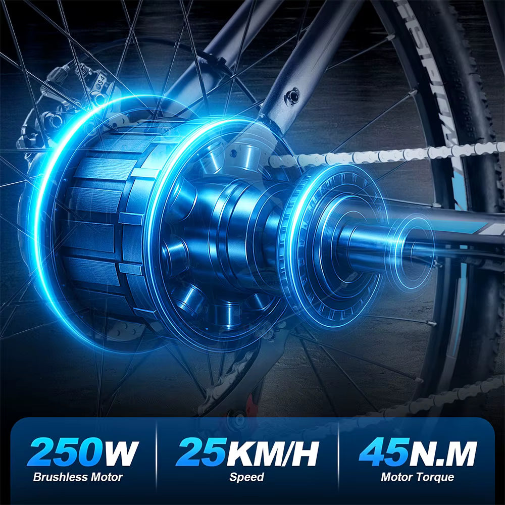 TWOFISH TF-1 Electric Bicycle wheel with a glowing blue motor, showcasing technical specifications.