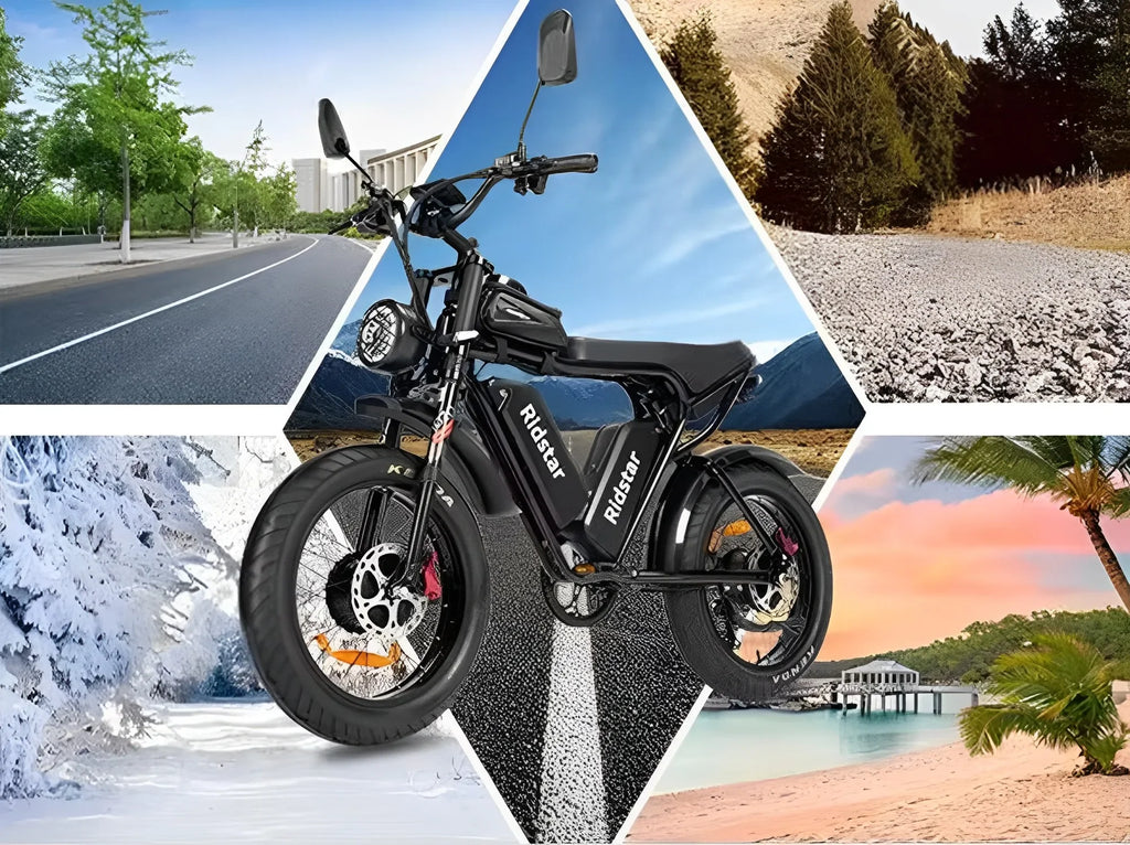 Black electric bike displayed against a collage of various scenic backgrounds.
