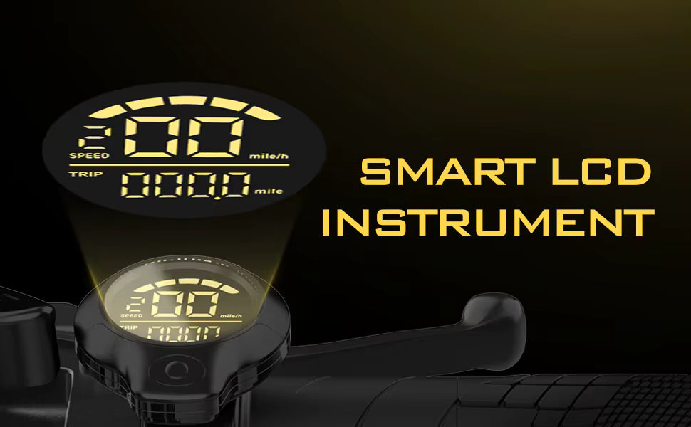 Detailed view of the smart LCD dashboard showing speed, battery level, and riding metrics