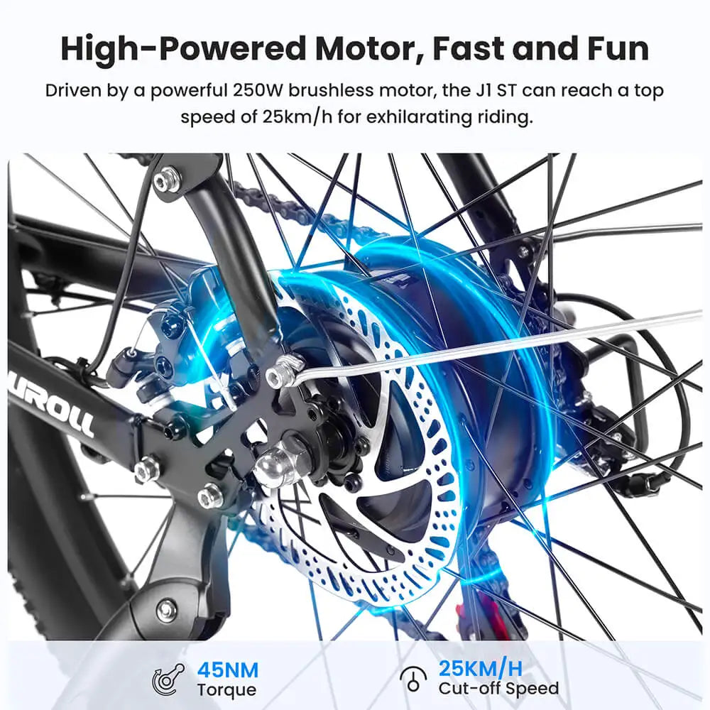 Close-up of an electric bicycle wheel with a high-powered motor, featuring text about speed and torque.