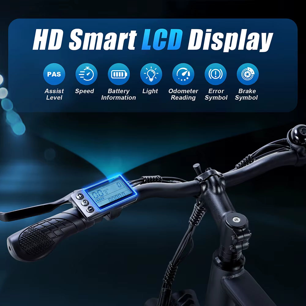 TWOFISH TF-1 Electric Bicycle handlebar with HD smart LED display showing various icons and text on a dark background.
