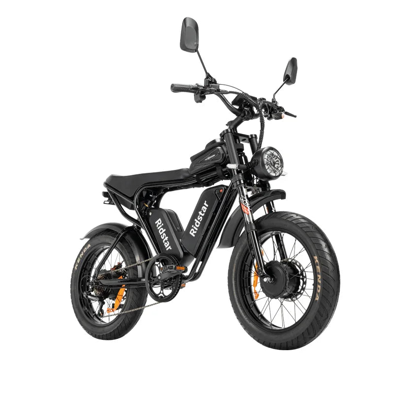 Black electric bike with 'Ridstar' branding on a white background