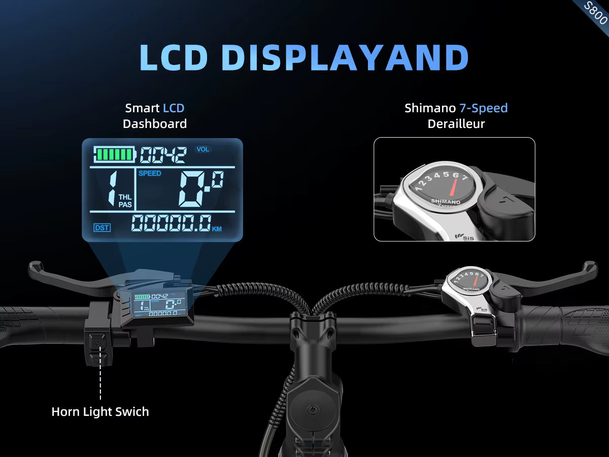 Detailed view of the smart LCD display instrument panel and handlebar control buttons