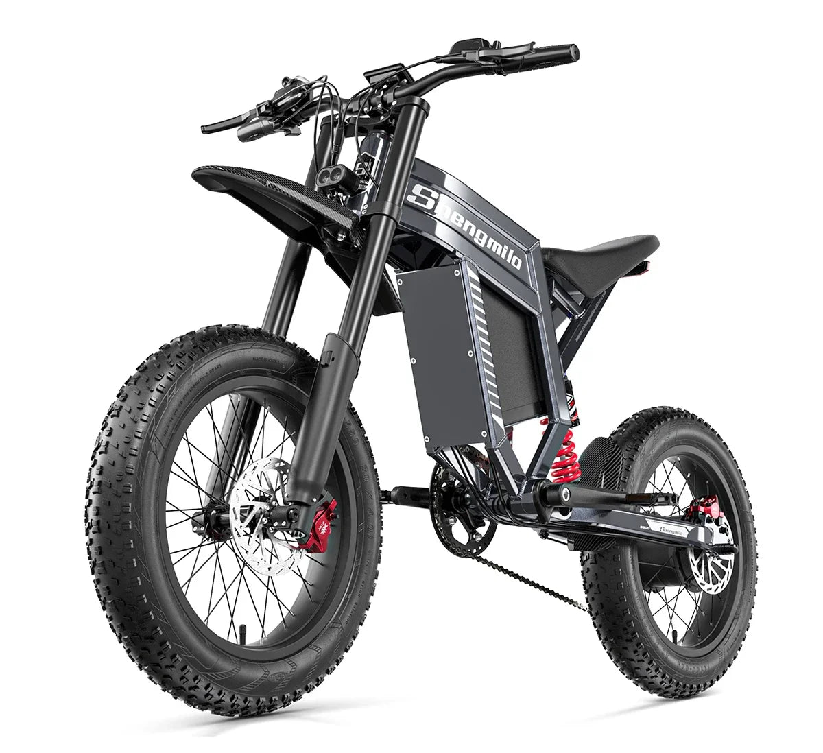 Black electric mountain bike with large tires on a white background